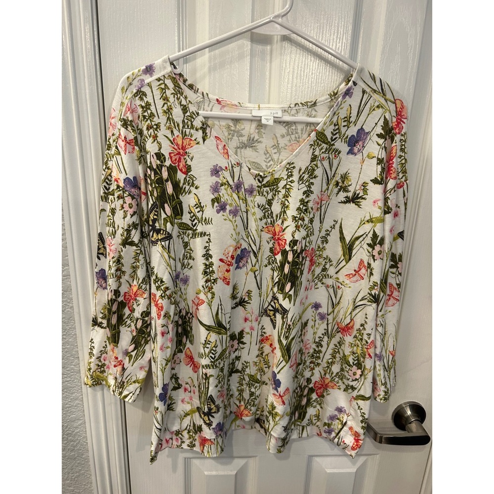 J. Jill Top White Floral Butterfly Cotton Modal V-Neck Botanical Garden Shirt